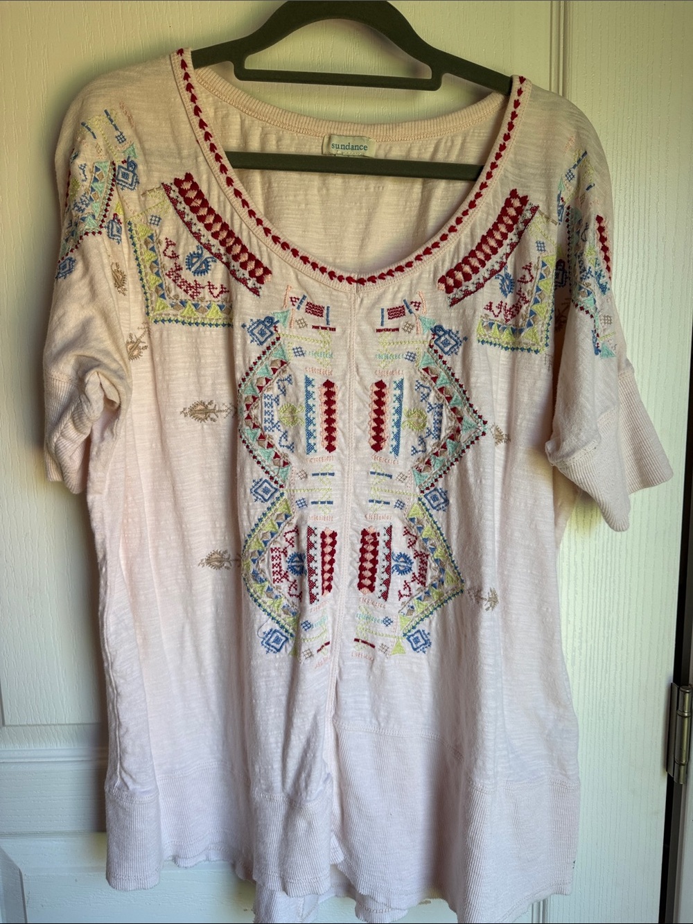 Sundance Pale Pink Embroidered Cotton Tunic with Red, Blue, and Green Accents